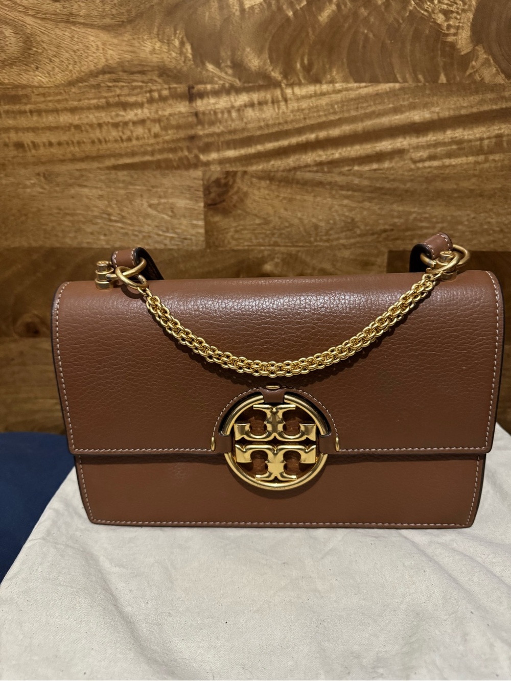 Tory Burch Chestnut Brown Leather Shoulder Bag with Gold Chain